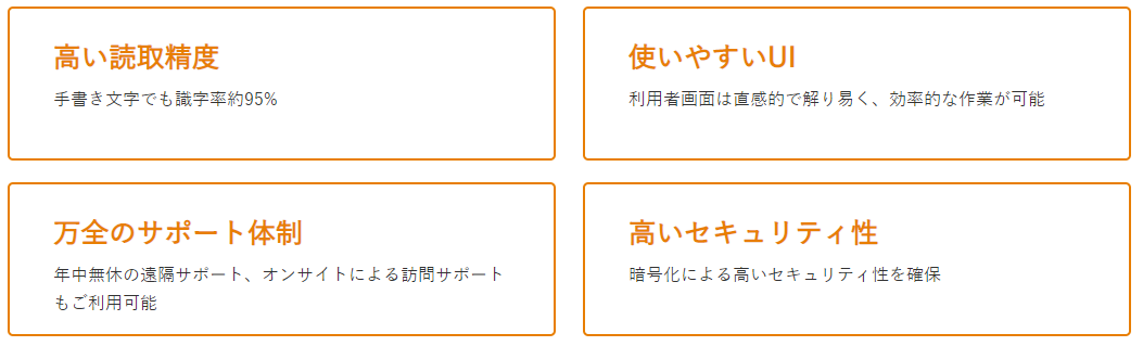 高い読み取り精度 使いやすいUI 万全のサポート体制 高いセキュリティ性 手書き文字でも識字率95% 利用者画面は直感的で分かり易く、効率的な作業が可能 年中無休の遠隔サポート、オンサイトによる訪問サポートもご利用可能 暗号化による高いセキュリティ性を確保